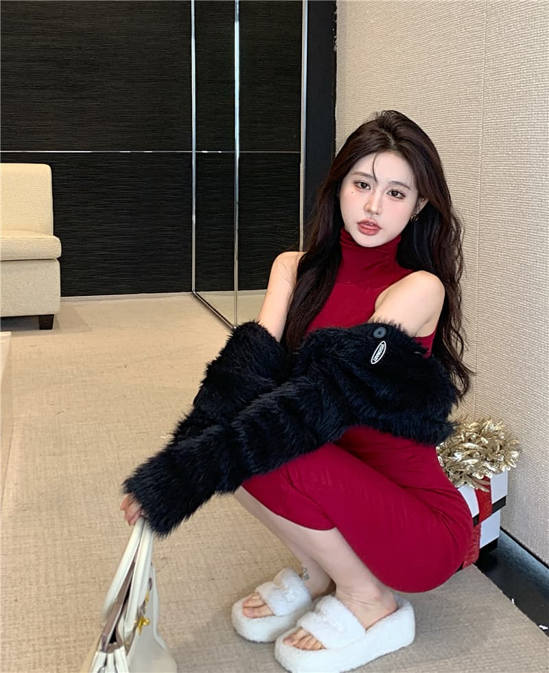 유럽과 미국 핫걸 바람 터틀넥 타이트 슬림해 보이는 민소매 타이트 스커트 만나는 조끼 여성 드레스 로얄 자매 팬 품격 롱 스커트 상세 이미지 3