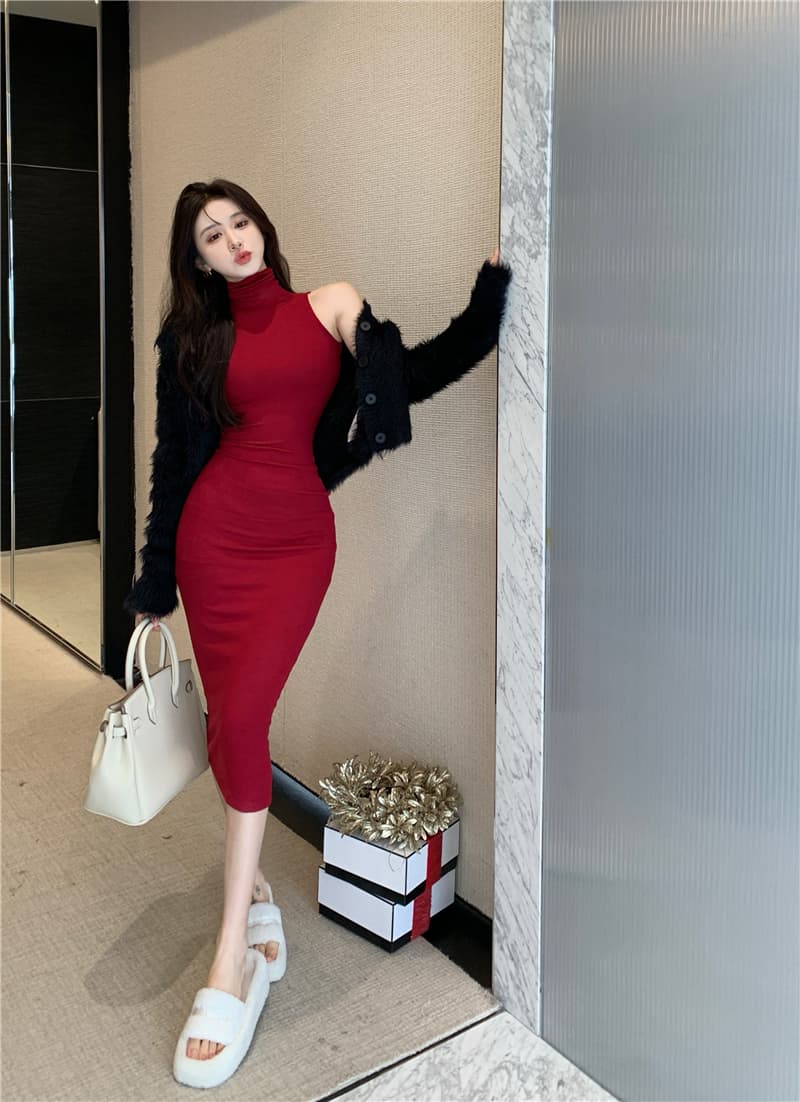 유럽과 미국 핫걸 바람 터틀넥 타이트 슬림해 보이는 민소매 타이트 스커트 만나는 조끼 여성 드레스 로얄 자매 팬 품격 롱 스커트 상세 이미지 6