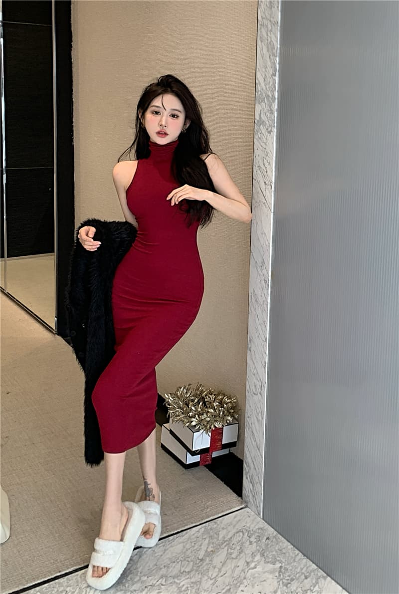 유럽과 미국 핫걸 바람 터틀넥 타이트 슬림해 보이는 민소매 타이트 스커트 만나는 조끼 여성 드레스 로얄 자매 팬 품격 롱 스커트 상세 이미지 7