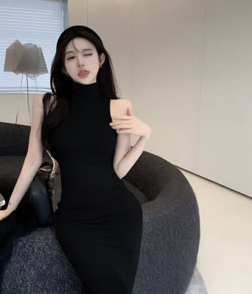유럽과 미국 핫걸 바람 터틀넥 타이트 슬림해 보이는 민소매 타이트 스커트 만나는 조끼 여성 드레스 로얄 자매 팬 품격 롱 스커트 상세 이미지 18
