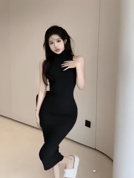 유럽과 미국 핫걸 바람 터틀넥 타이트 슬림해 보이는 민소매 타이트 스커트 만나는 조끼 여성 드레스 로얄 자매 팬 품격 롱 스커트 상세 이미지 19