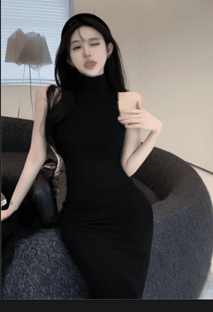 유럽과 미국 핫걸 바람 터틀넥 타이트 슬림해 보이는 민소매 타이트 스커트 만나는 조끼 여성 드레스 로얄 자매 팬 품격 롱 스커트 상세 이미지 20