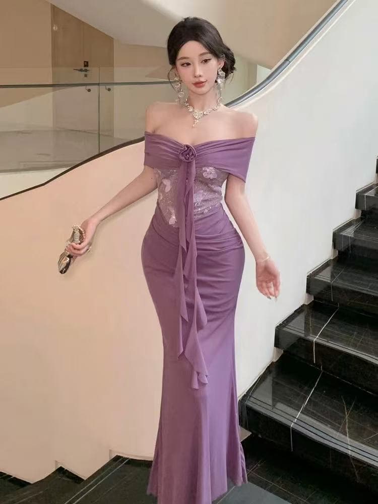 원본 가슴 패드 오프숄더 보라색 드레스 핫걸 섹시함 망사 주름 몸매 가꾸기 타이트 스커트 롱 스커트 상세 이미지 4