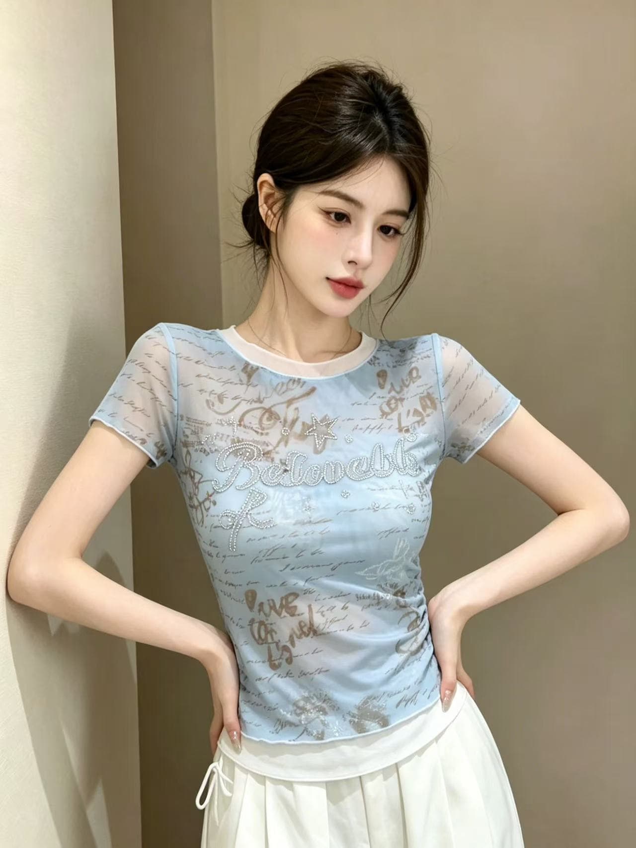 하늘색 핫픽스 반팔 몸매 가꾸기 티셔츠 여성 2026 여름 라운드 넥 도파민 착용 가져 가라. 디자인 센스 고급 맨위 상세 이미지 5