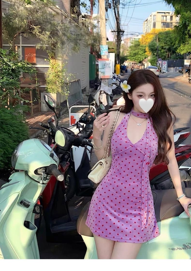 한 부서 보라색 도트 무늬 V넥 망사 여성 드레스 2026 새로운 여름 품격 프랑스식 치마 짧은 치마 상세 이미지 6
