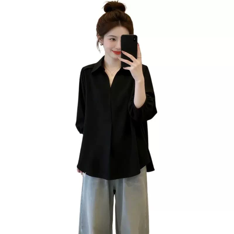 빅 사이즈 여름 검정색 폴로 칼라 7부 소매 여성 셔츠 2026 새로운 지방 mm 슬림해 보이는 루즈핏 패션 외국 가스 맨위 상세 이미지 6