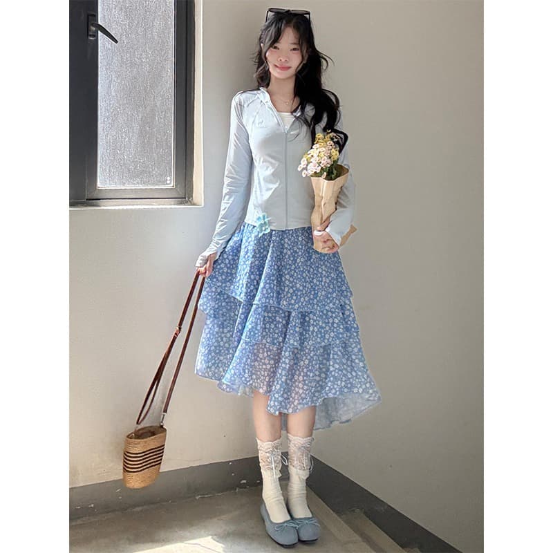 파란색 꽃무늬 불규칙 반신 스커트 여성 여름 새로운 계층의 감각 한 마디 미니 스커트 작은 키 케이크 드레스 중간 스커트 이미지 2