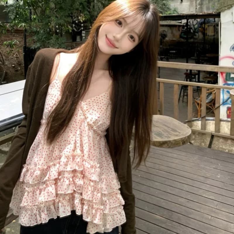 여름 한 부서 디자인 계단식 센스 슬립 부드러운 바람 품격 슬림해 보이는 다용도 한 마디 도트 무늬 루즈핏 맨위 이미지 5