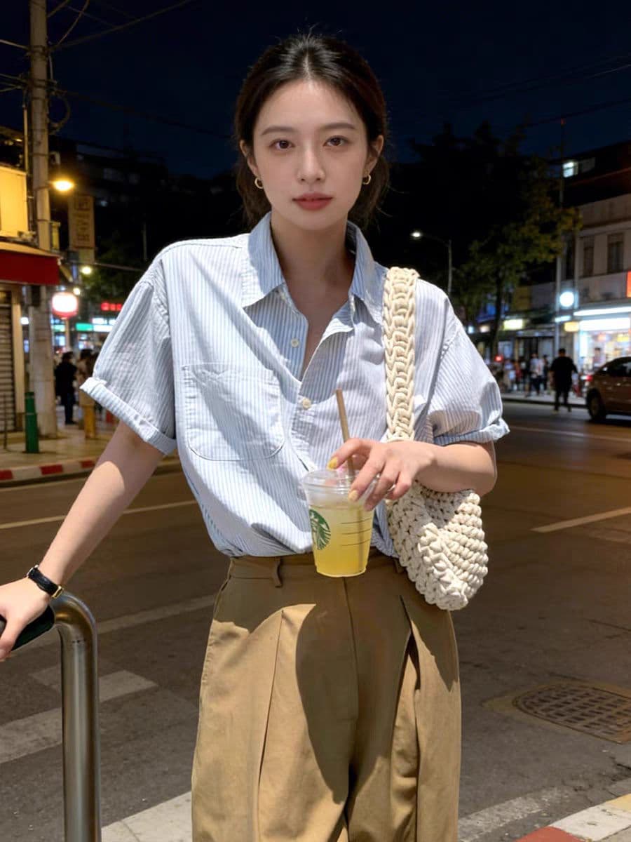 파란색 스트라이프 반팔 여성 셔츠 디자인 센스 작은 대중 여름 새로운 느긋한 루즈핏 캐주얼 다용도 셔츠 맨위 상세 이미지 3
