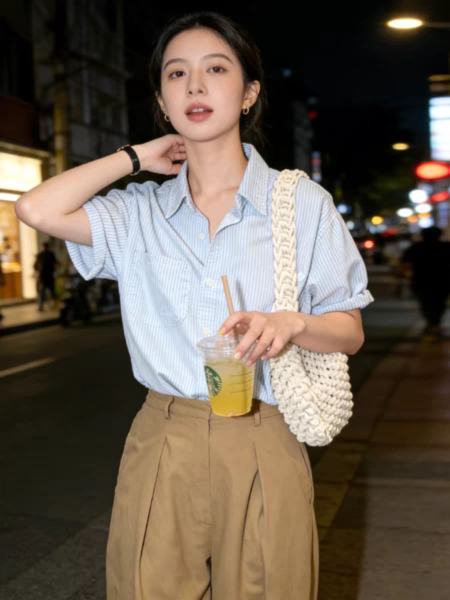 파란색 스트라이프 반팔 여성 셔츠 디자인 센스 작은 대중 여름 새로운 느긋한 루즈핏 캐주얼 다용도 셔츠 맨위 상세 이미지 4