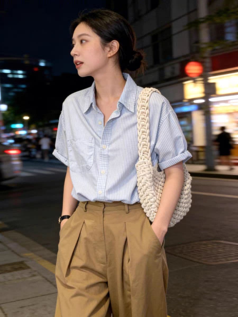 파란색 스트라이프 반팔 여성 셔츠 디자인 센스 작은 대중 여름 새로운 느긋한 루즈핏 캐주얼 다용도 셔츠 맨위 상세 이미지 5