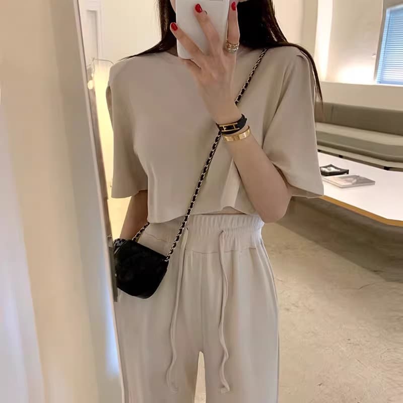 한국 chic 여름 미니멀리즘 라운드 넥 단색 풀오버 반팔 티셔츠 하이웨이스트 레이스업 트임 와이드 레그 팬츠 긴 바지 여성 이미지 3