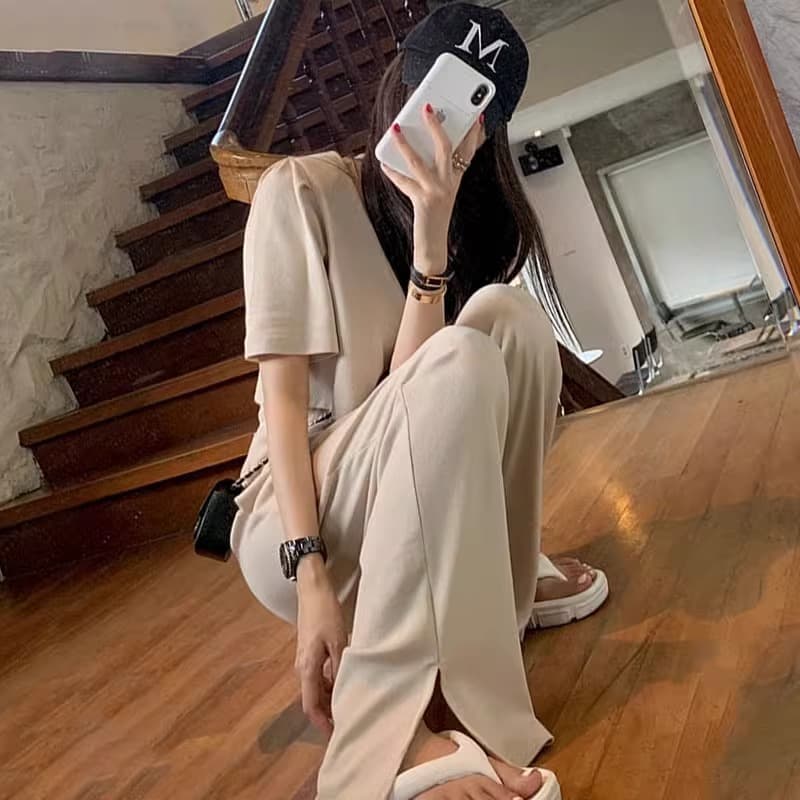 한국 chic 여름 미니멀리즘 라운드 넥 단색 풀오버 반팔 티셔츠 하이웨이스트 레이스업 트임 와이드 레그 팬츠 긴 바지 여성 상세 이미지 5