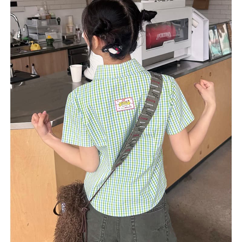 학원 스타일 체크무늬 POLO 칼라 셔츠 여성용 짧은 소매 몸매 가꾸기 디자인 센스 작은 대중 맨위 셔츠 트렌디 이미지 5