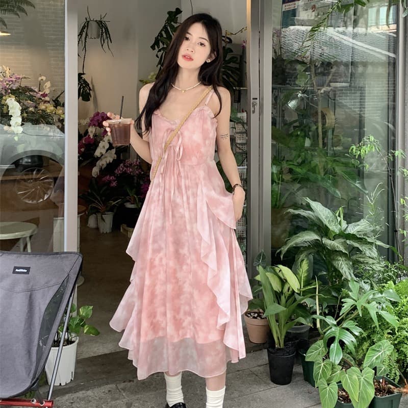 핑크색 꽃무늬 부드러운 바람 슬립 드레스 오픈 가디건 투피스 세트 작은 키 요정 드레스 봄 여름 드레스 치마 세트 이미지 5