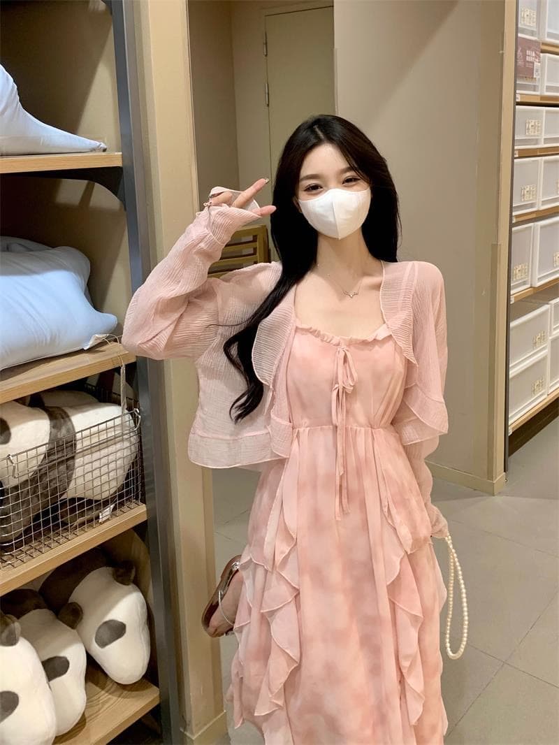 핑크색 꽃무늬 부드러운 바람 슬립 드레스 오픈 가디건 투피스 세트 작은 키 요정 드레스 봄 여름 드레스 치마 세트 상세 이미지 2