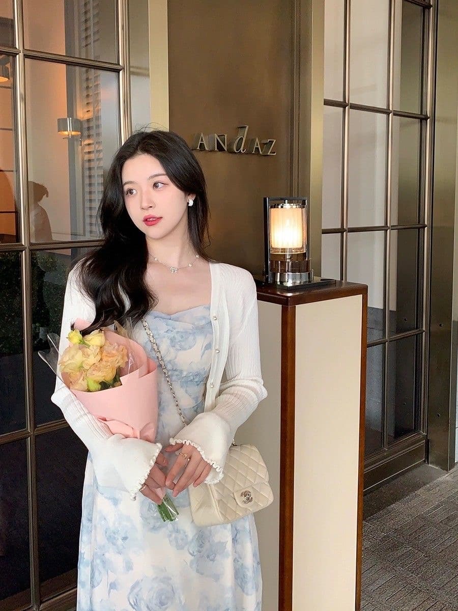 프랑스식 쉬폰 꽃무늬 슬립 점프 슈트 치마 세트 여름 작은 샤넬 스타일 니트 카디건 코트 두 조각 여성 세트 치마 이미지 4