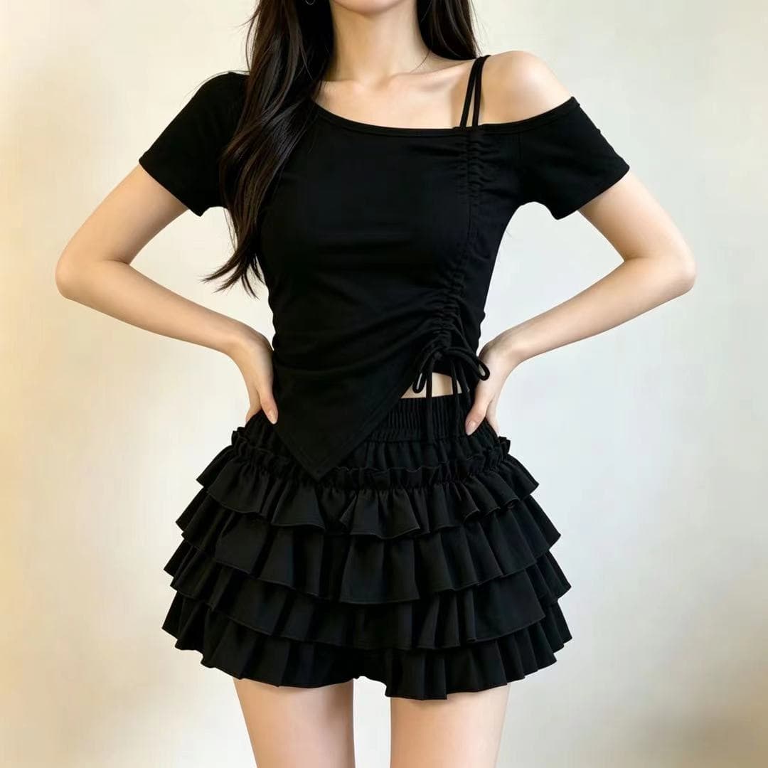 검정색 케이크 퍼프 스커트 달콤함 반신 스커트 슬림해 보이는 노출 방지 비스듬한 칼라 펌프 로프 반팔 맨위 세트 여성 이미지 5