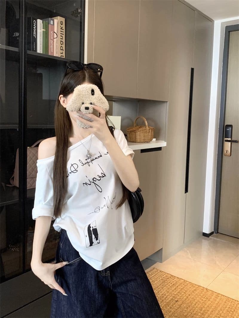 비스듬한 어깨 오프숄더 반팔 티셔츠 여성 여름 2026 새로운 아메리칸 핫걸 루즈핏 반소매 오프숄더 맨위 상세 이미지 5