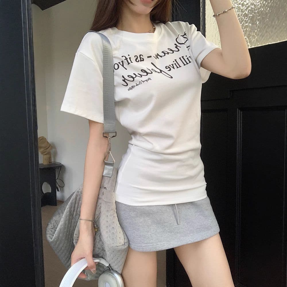 아메리칸 알파벳 회색 긍정적 인 어깨 반팔 티셔츠 여성 여름 디자인 센스 작은 대중 몸매 가꾸기 슬림해 보이는 허리 수축 달콤한 핫걸 맨위 이미지 2