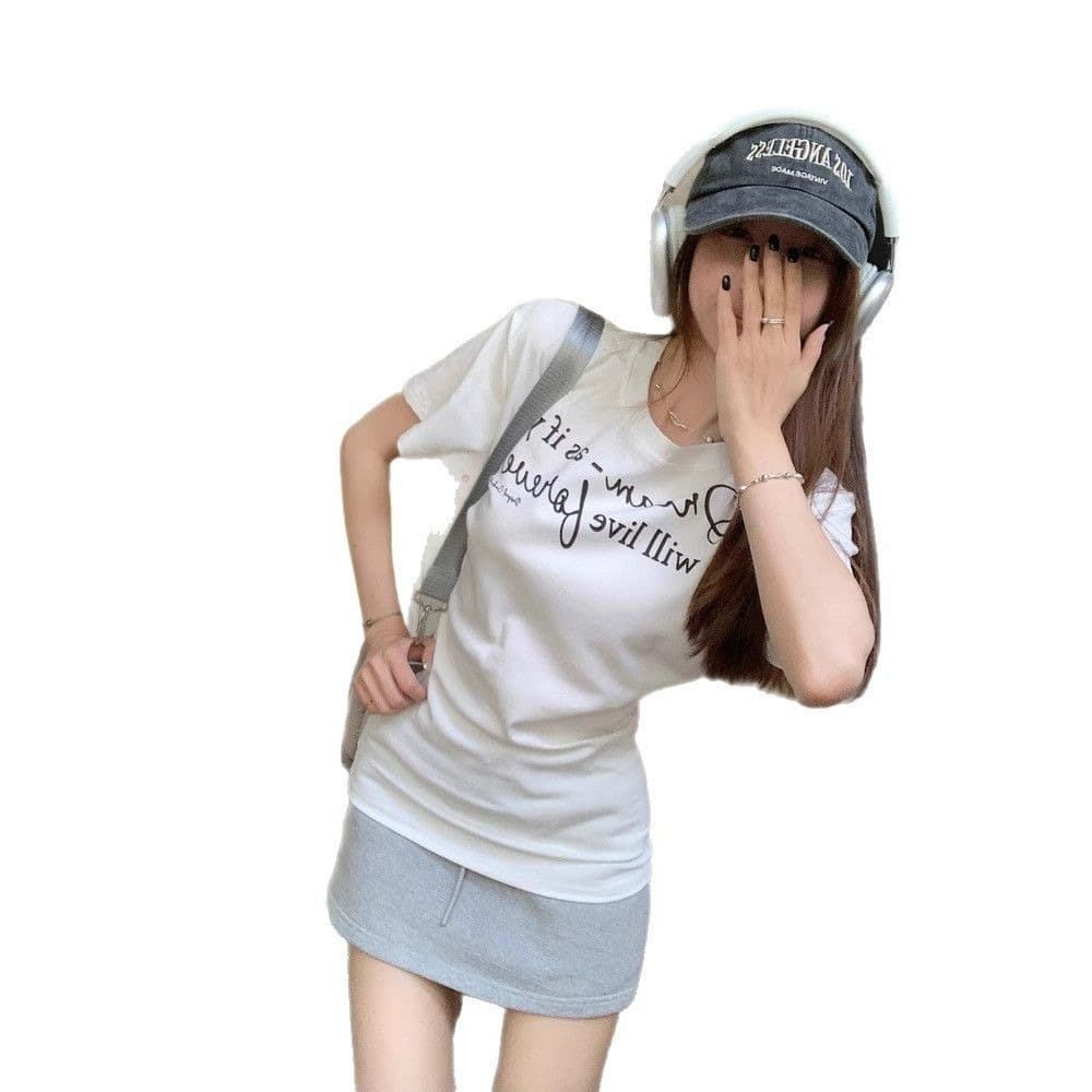 아메리칸 알파벳 회색 긍정적 인 어깨 반팔 티셔츠 여성 여름 디자인 센스 작은 대중 몸매 가꾸기 슬림해 보이는 허리 수축 달콤한 핫걸 맨위 이미지 5