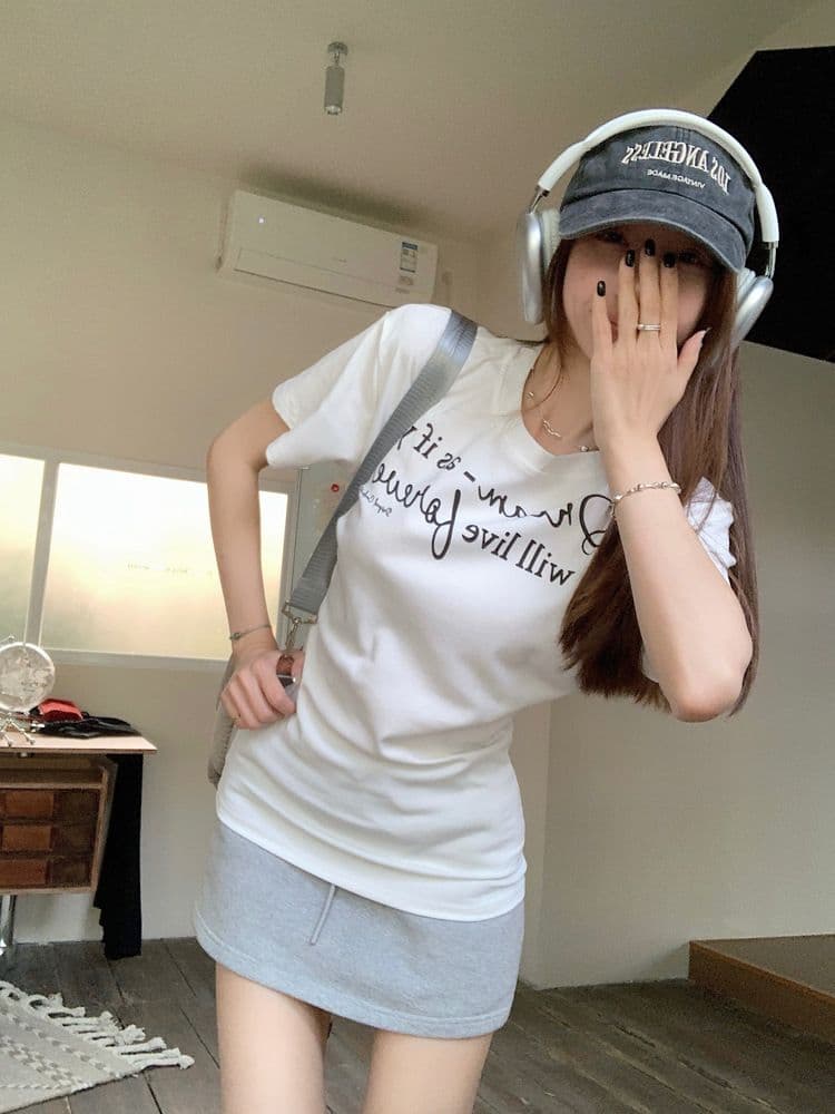 아메리칸 알파벳 회색 긍정적 인 어깨 반팔 티셔츠 여성 여름 디자인 센스 작은 대중 몸매 가꾸기 슬림해 보이는 허리 수축 달콤한 핫걸 맨위 상세 이미지 18