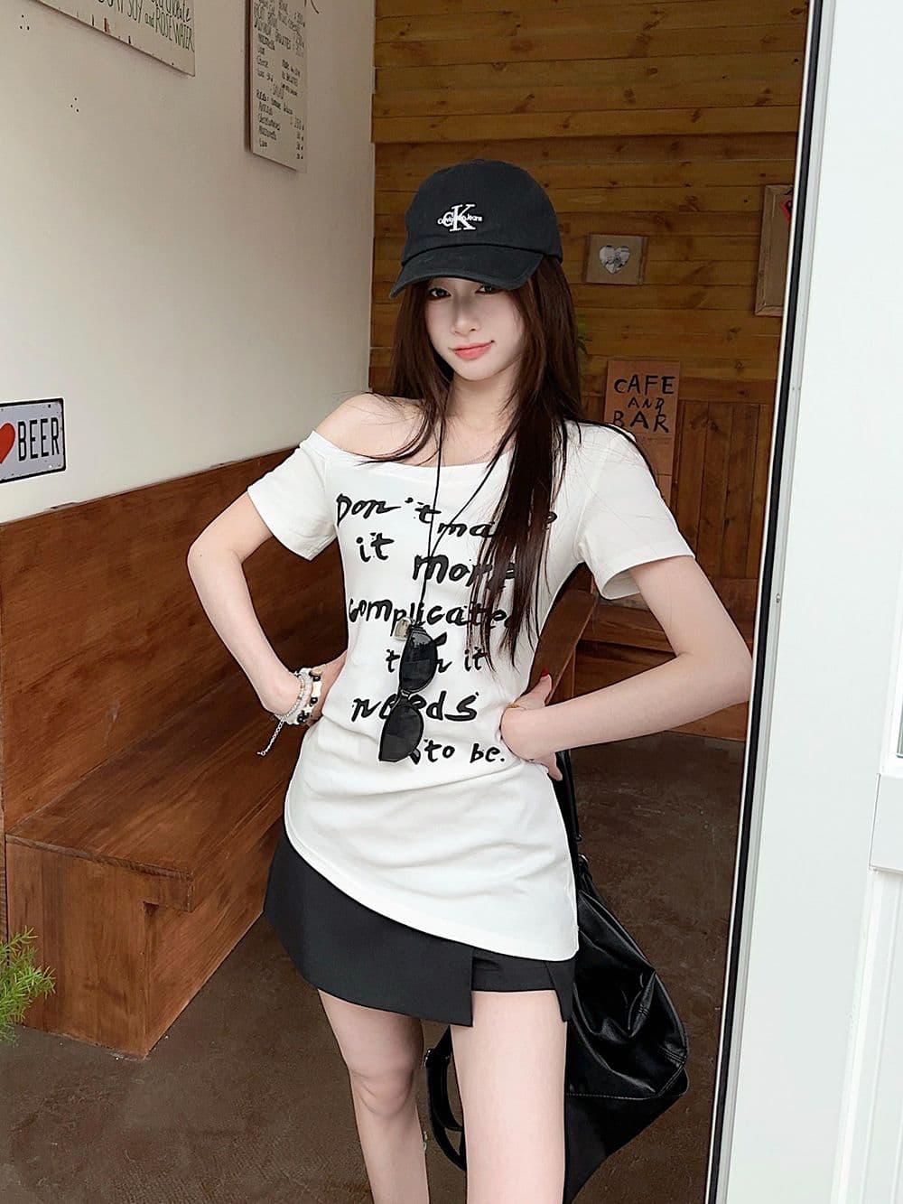 아메리칸 핫걸 바람 화이트 비스듬한 어깨 반팔 티셔츠 여성 의류 여름 디자인 센스 고유 한 허리 수축 오프숄더 맨위 상세 이미지 7