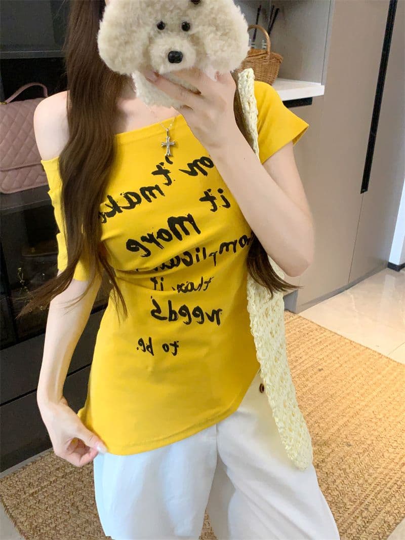 아메리칸 핫걸 바람 화이트 비스듬한 어깨 반팔 티셔츠 여성 의류 여름 디자인 센스 고유 한 허리 수축 오프숄더 맨위 상세 이미지 22