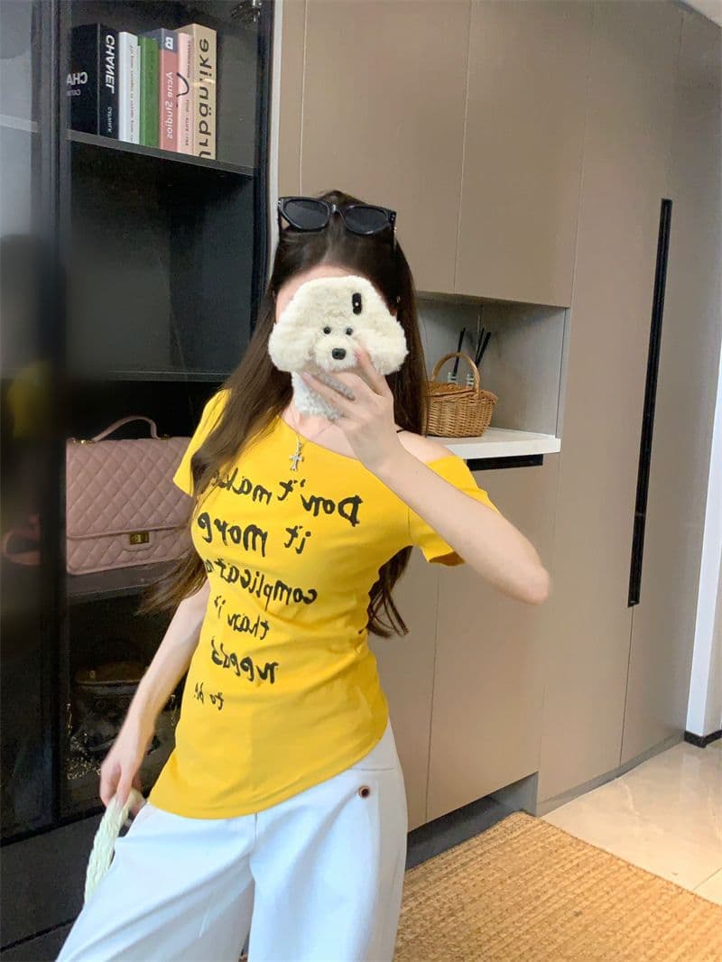 아메리칸 핫걸 바람 화이트 비스듬한 어깨 반팔 티셔츠 여성 의류 여름 디자인 센스 고유 한 허리 수축 오프숄더 맨위 상세 이미지 23