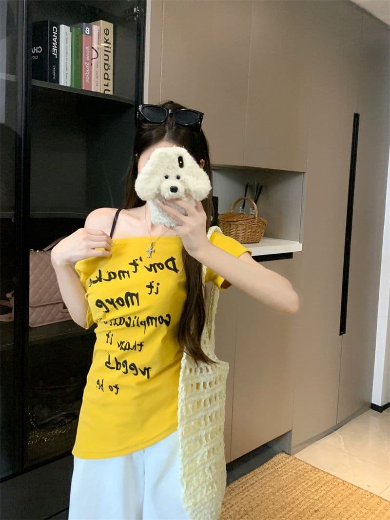 아메리칸 핫걸 바람 화이트 비스듬한 어깨 반팔 티셔츠 여성 의류 여름 디자인 센스 고유 한 허리 수축 오프숄더 맨위 상세 이미지 24