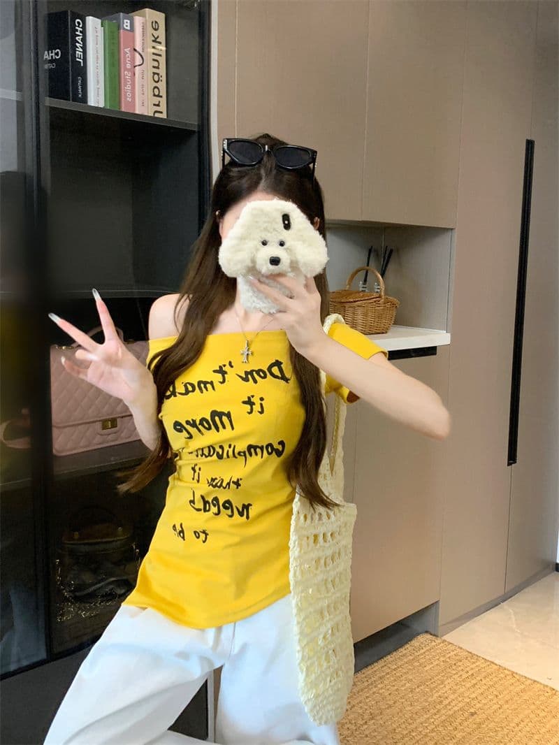 아메리칸 핫걸 바람 화이트 비스듬한 어깨 반팔 티셔츠 여성 의류 여름 디자인 센스 고유 한 허리 수축 오프숄더 맨위 상세 이미지 25