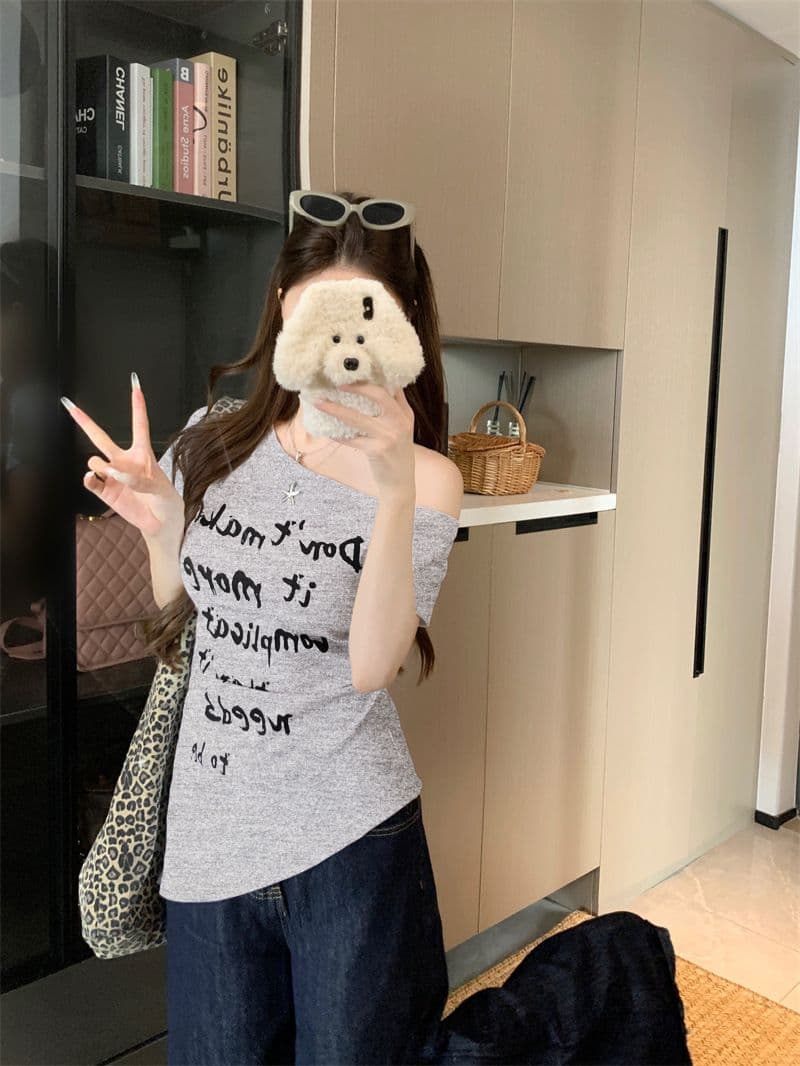 아메리칸 핫걸 바람 화이트 비스듬한 어깨 반팔 티셔츠 여성 의류 여름 디자인 센스 고유 한 허리 수축 오프숄더 맨위 상세 이미지 27