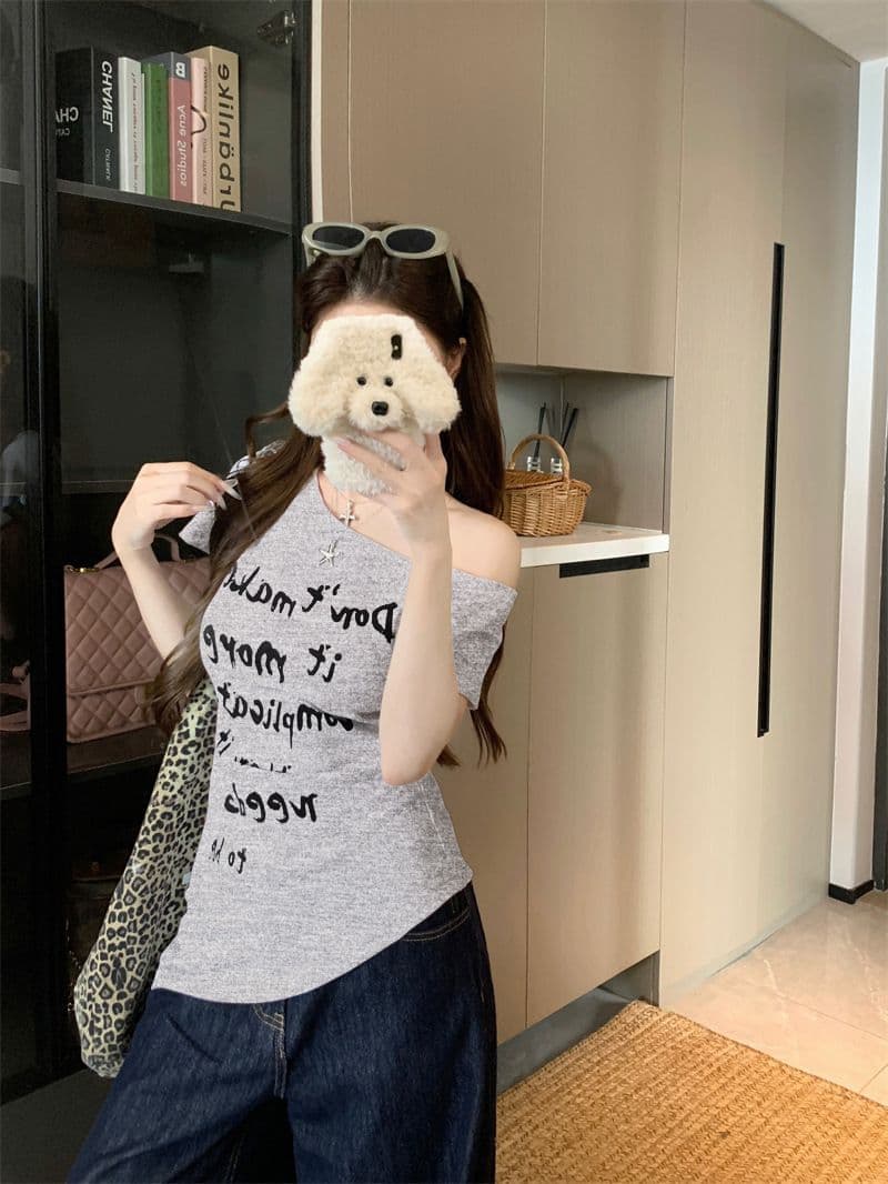 아메리칸 핫걸 바람 화이트 비스듬한 어깨 반팔 티셔츠 여성 의류 여름 디자인 센스 고유 한 허리 수축 오프숄더 맨위 상세 이미지 28