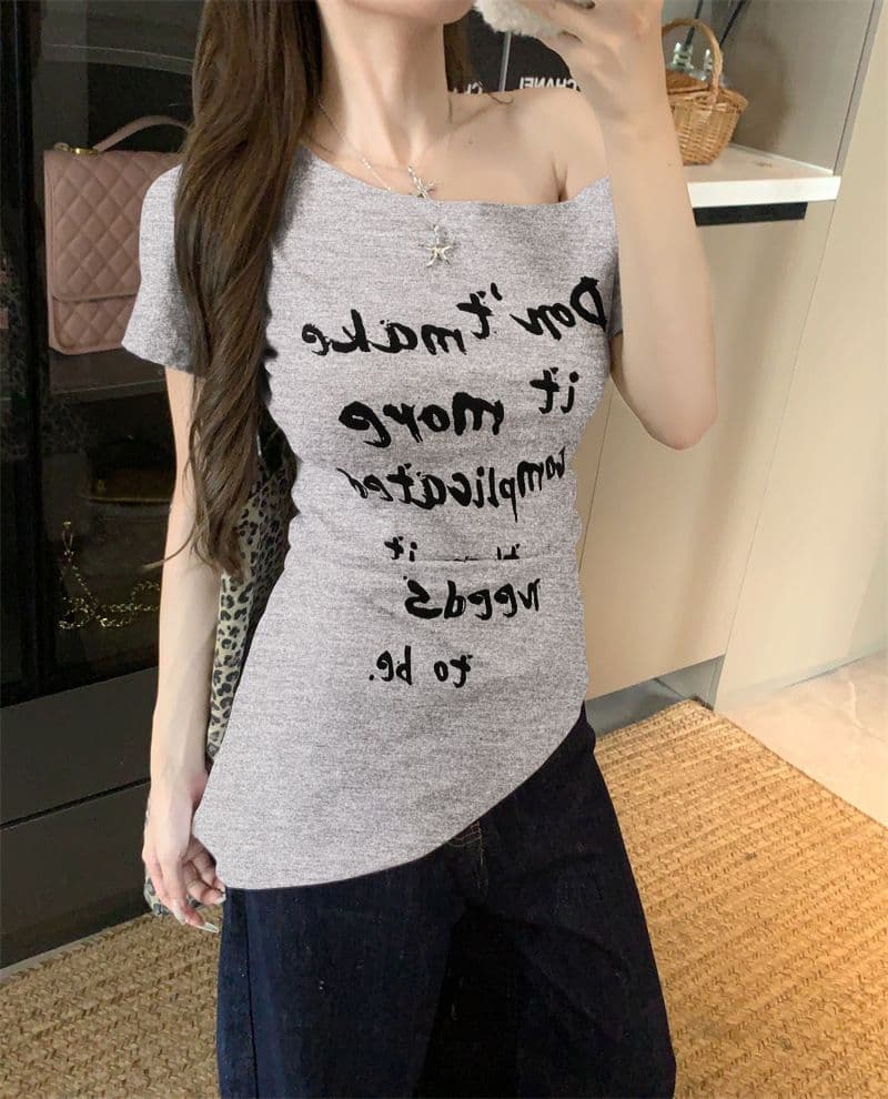 아메리칸 핫걸 바람 화이트 비스듬한 어깨 반팔 티셔츠 여성 의류 여름 디자인 센스 고유 한 허리 수축 오프숄더 맨위 상세 이미지 29