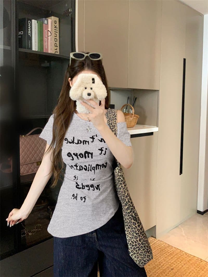 아메리칸 핫걸 바람 화이트 비스듬한 어깨 반팔 티셔츠 여성 의류 여름 디자인 센스 고유 한 허리 수축 오프숄더 맨위 상세 이미지 30