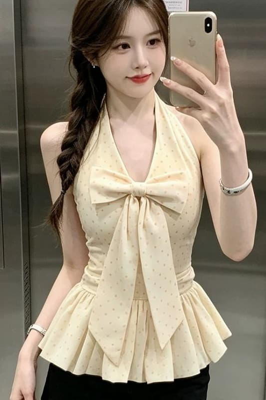 여름 새로운 품격 도트 무늬 나비 매듭 V넥 백리스 여성 셔츠 허리 수축 스트랩 퍼프 꽃밭 핫걸 맨위 이미지 6