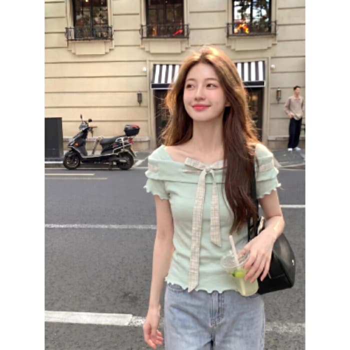 한 부서 달콤한 스타일 디자인 센스 레이스업 레이스 반팔 티셔츠 여성 2026 여름 새로운 자이언트 잘 생긴 다용도 맨위 이미지 2