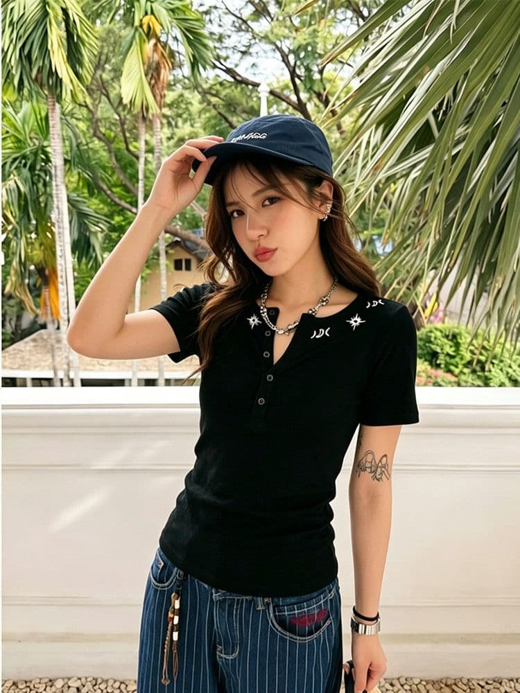 사람들 면 260 그램 아메리칸 핫걸 바람 검정색 헨리 칼라 긍정적 인 어깨 반팔 티셔츠 여성 여름 디자인 센스 몸매 가꾸기 트렌디 상세 이미지 1