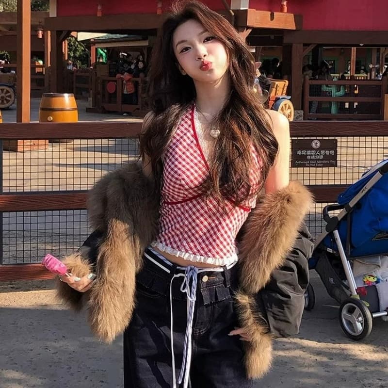 원본 원단 것 수 있습니다. 대비 빨간색 체크무늬 조끼 슬립 패치워크 레이스 섹시함 행침 목 핫걸 맨위
