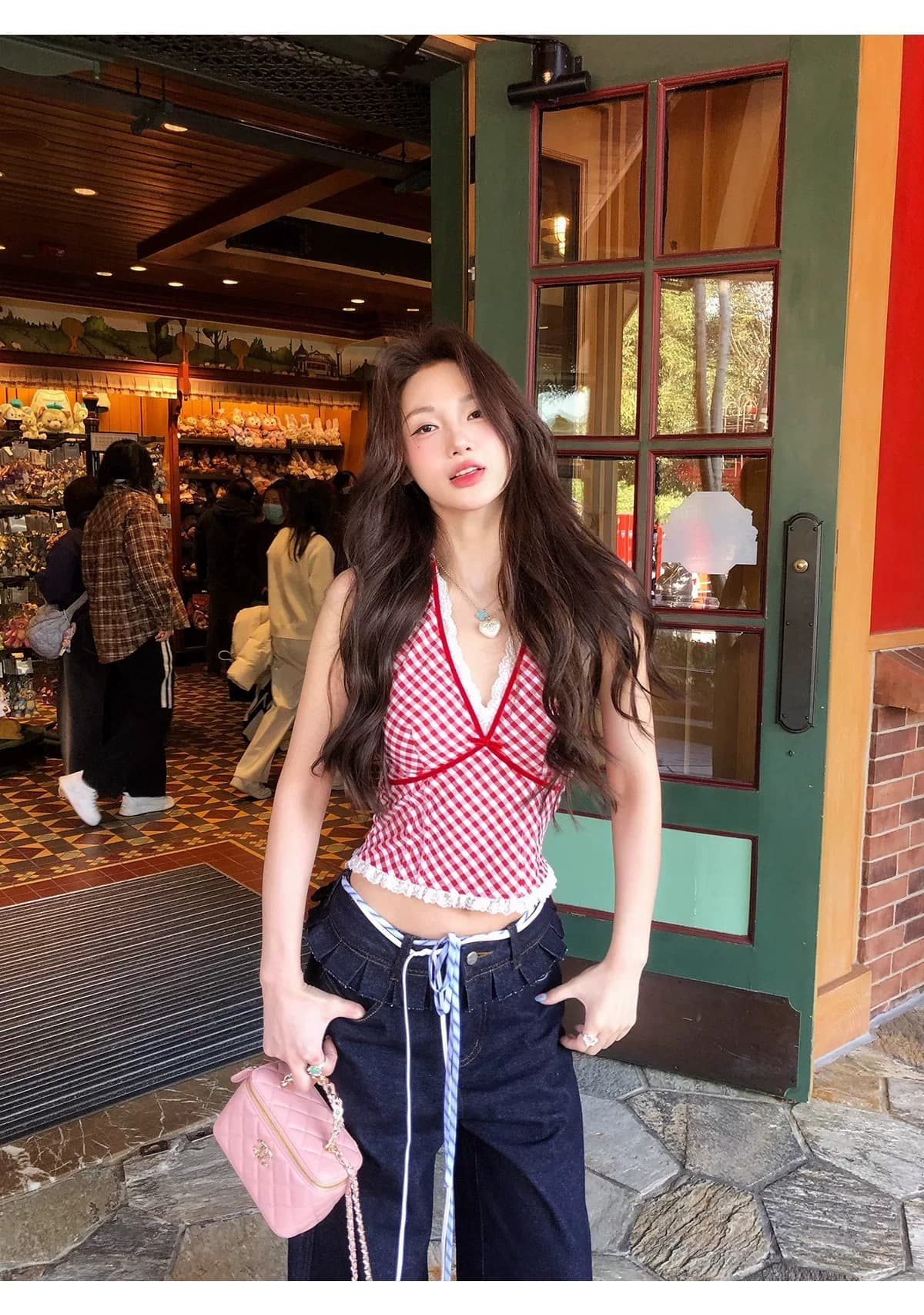 원본 원단 것 수 있습니다. 대비 빨간색 체크무늬 조끼 슬립 패치워크 레이스 섹시함 행침 목 핫걸 맨위 상세 이미지 1