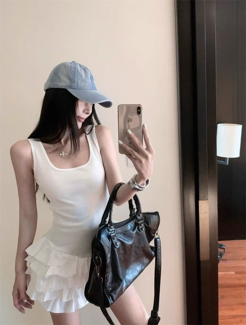 달콤함 화이트 슬립 여성 드레스 여름 몸매 가꾸기 허리 수축 프릴 케이크 치마 발레 바람 한 마디 미니 스커트