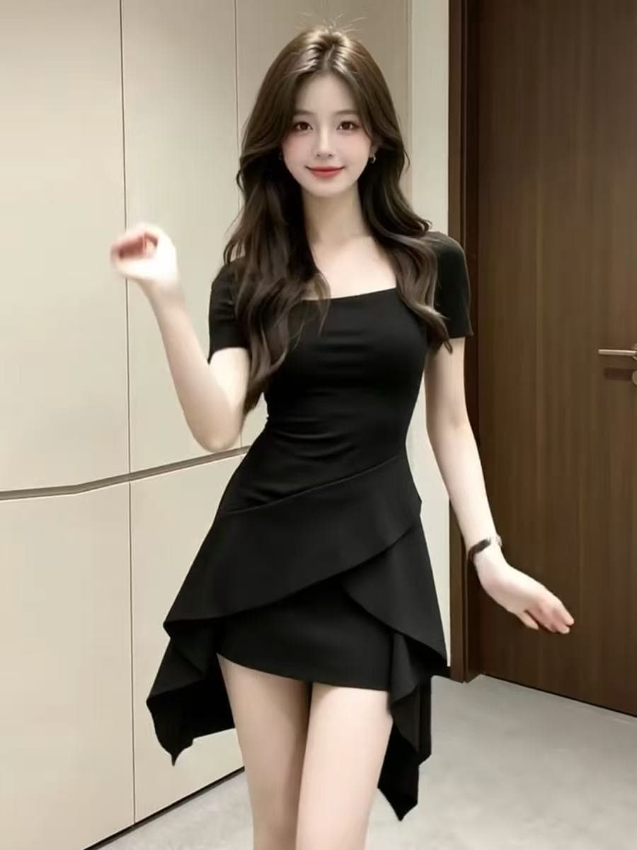 프랑스식 그는 벤 바람 검정색 드레스 아이들 여름 2026 새로운 작은 키 불규칙 꼬집기 허리 품격 미니 스커트 상세 이미지 4