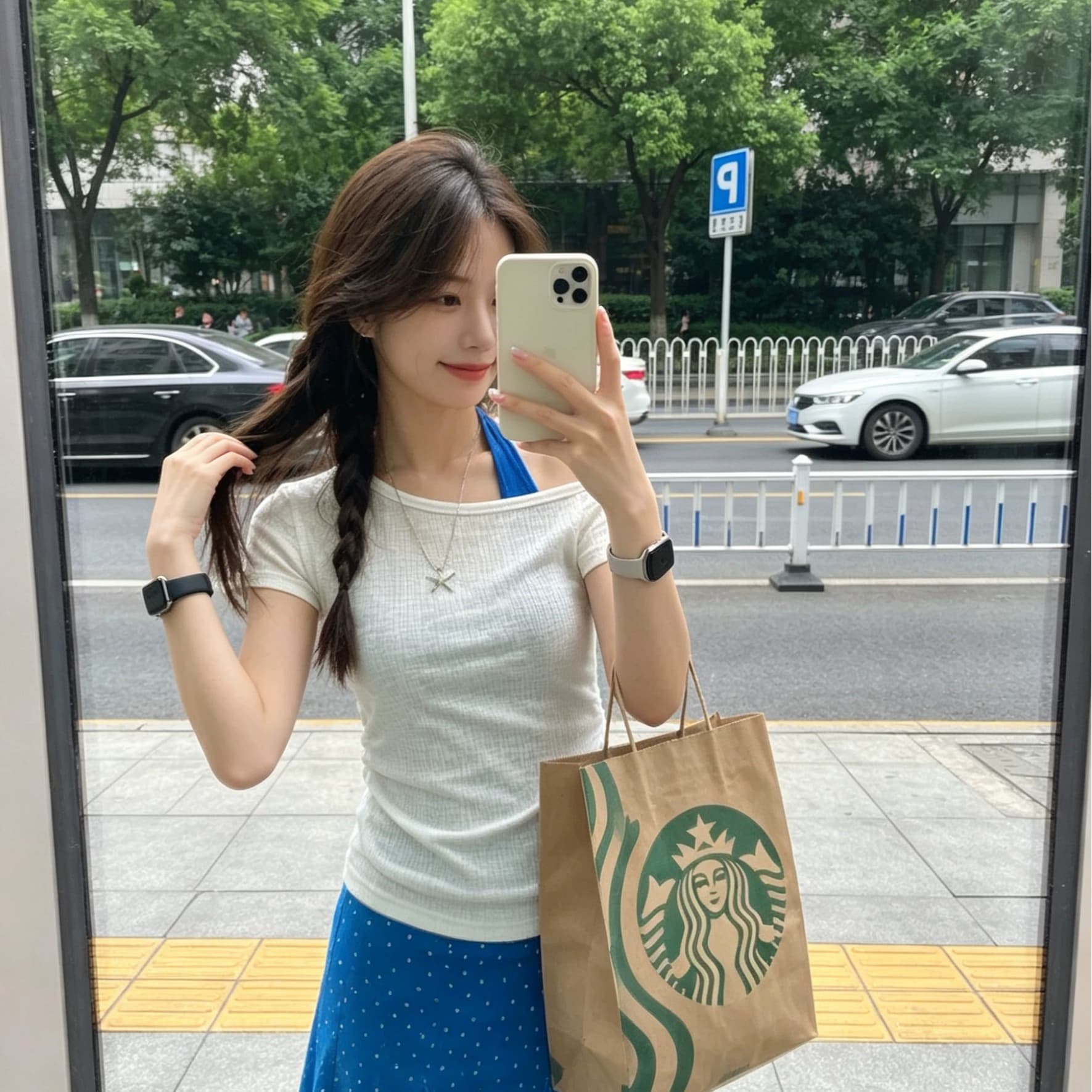구덩이 기사 배색 스택 착용 두 조각 여성 세트 여름 톰 글 래 원인 블루 행침 목 슬립 비스듬한 어깨 반팔 티셔츠 세트 이미지 5