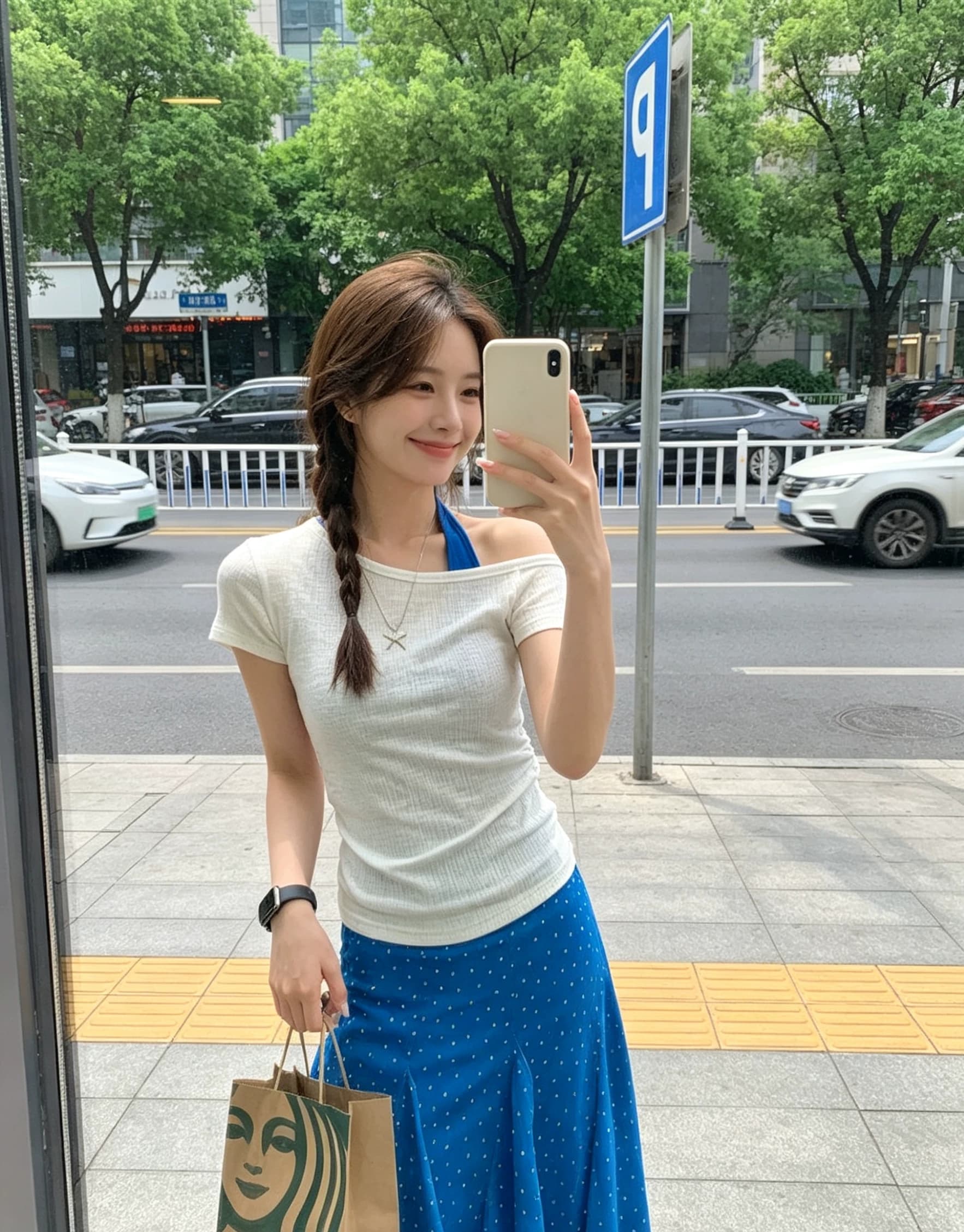 구덩이 기사 배색 스택 착용 두 조각 여성 세트 여름 톰 글 래 원인 블루 행침 목 슬립 비스듬한 어깨 반팔 티셔츠 세트 상세 이미지 3