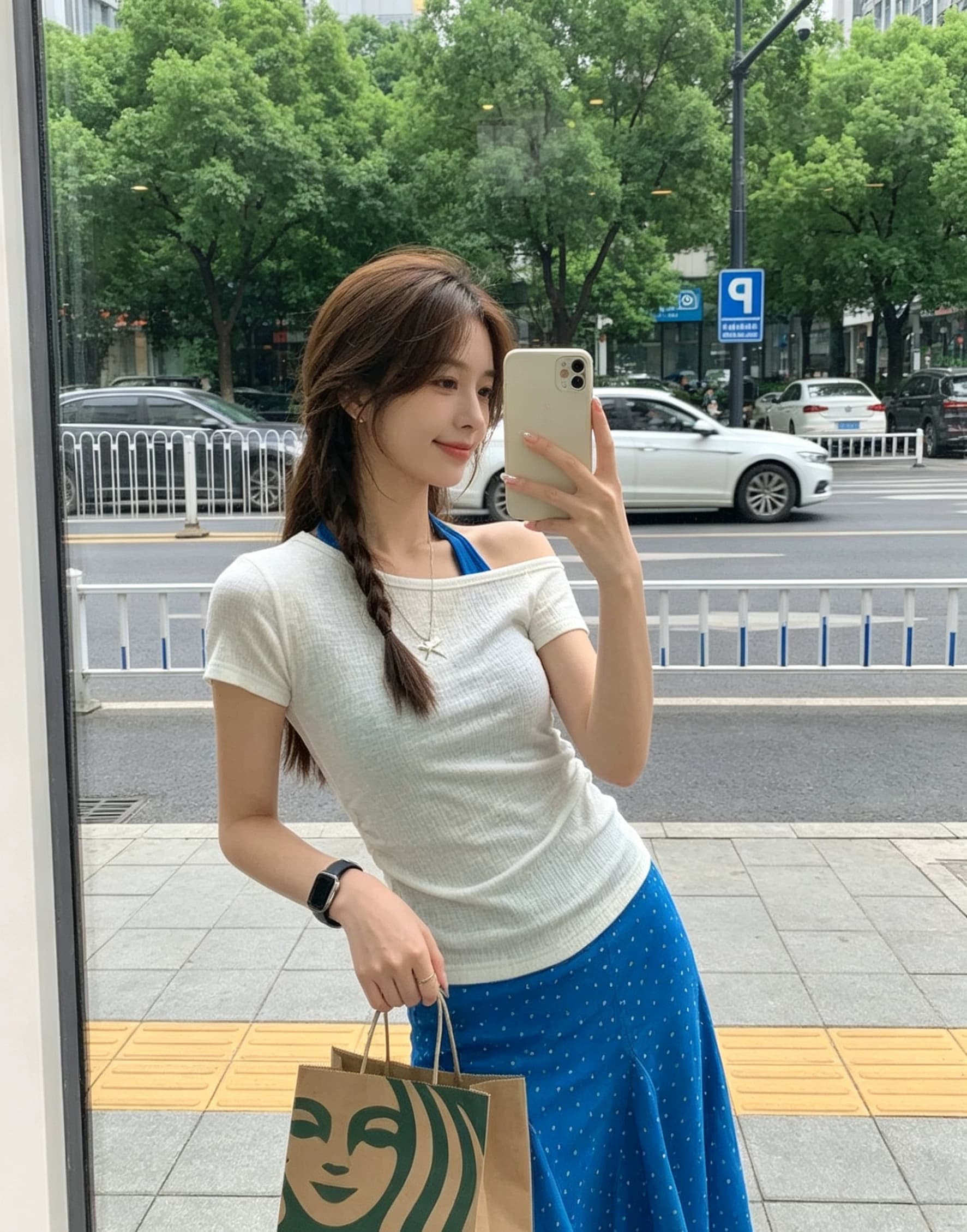 구덩이 기사 배색 스택 착용 두 조각 여성 세트 여름 톰 글 래 원인 블루 행침 목 슬립 비스듬한 어깨 반팔 티셔츠 세트 상세 이미지 6