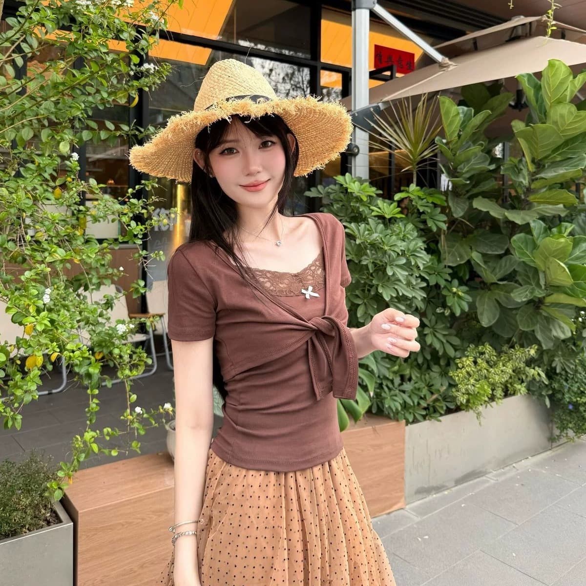 사람들 면 260 그램 아메리칸 섹시함 핫걸 바람 티셔츠 소녀 오픈 가디건 잡아라. 의류 레이스 조각 슬립 투피스 세트 이미지 5