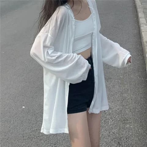 있음 선적 대나무 마디 리브 단색 오픈 가디건 자외선 차단 의류 여름 한국 스타일 루즈핏 맨위