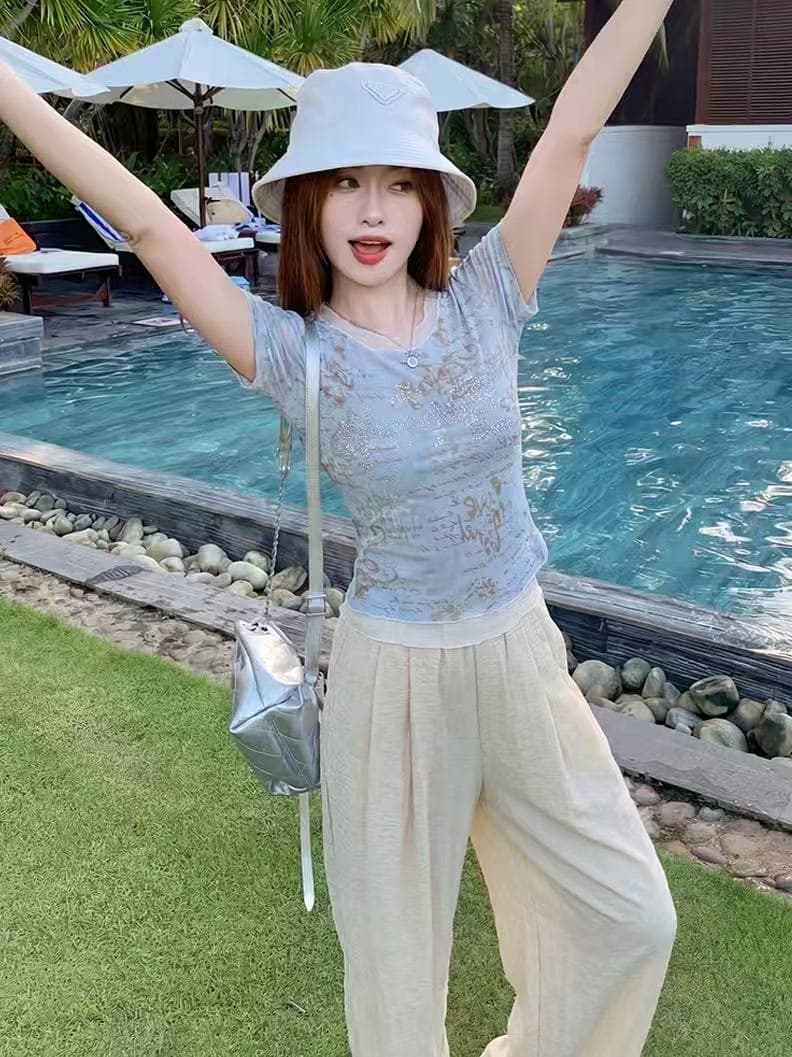 한 부서 핫픽스 파란색 페이크 레이어드 쇼트 스타일 긍정적 인 어깨 반팔 티셔츠 여성 몸매 가꾸기 작은 키 디자인 센스 작은 대중 맨위 이미지 3