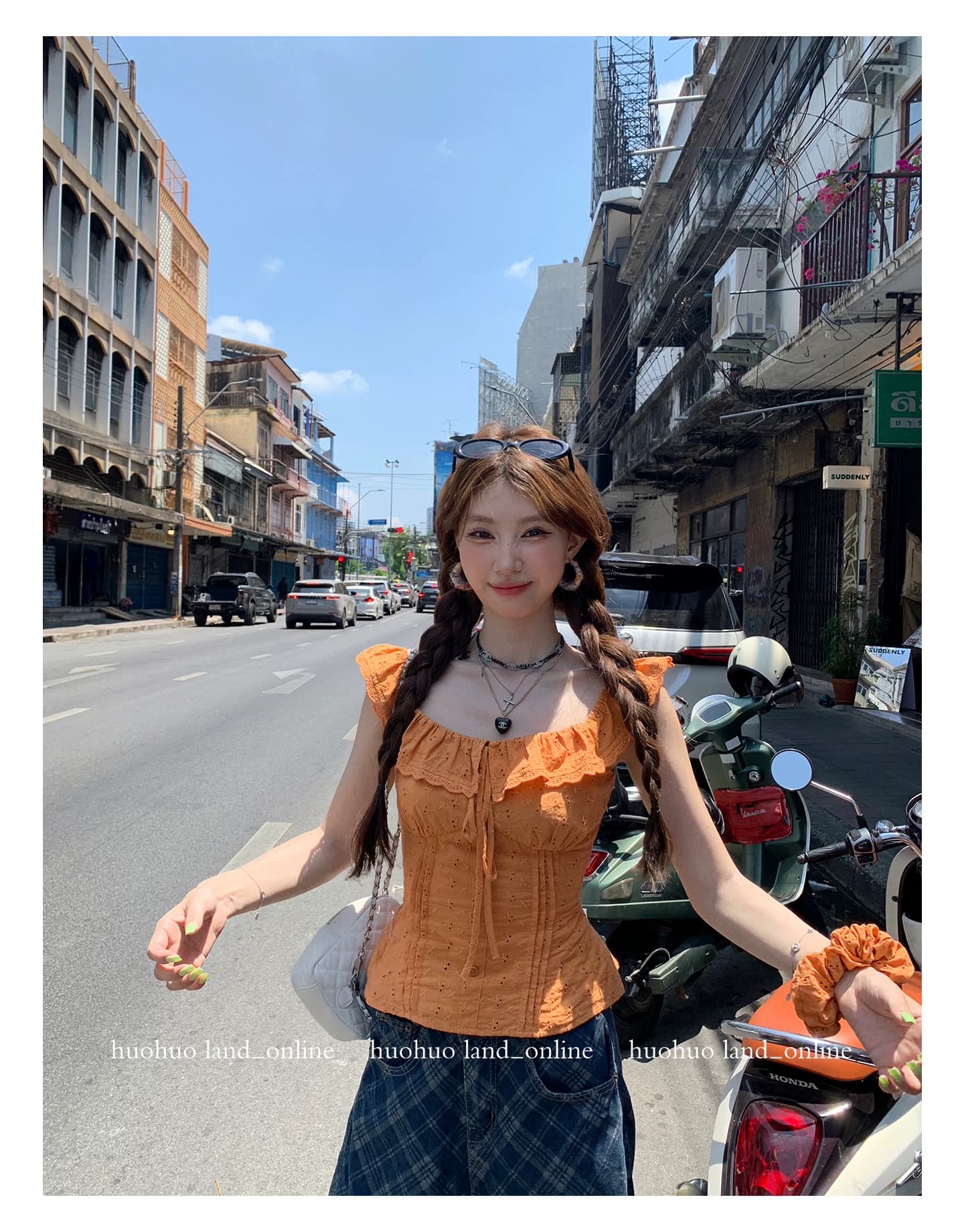 한여름 달콤한 오렌지색 활력 디스플레이 화이트 2026 여름 새로운 맨위 여성 프랑스식 프릴 칼라 몸매 가꾸기 셔츠 이미지 3