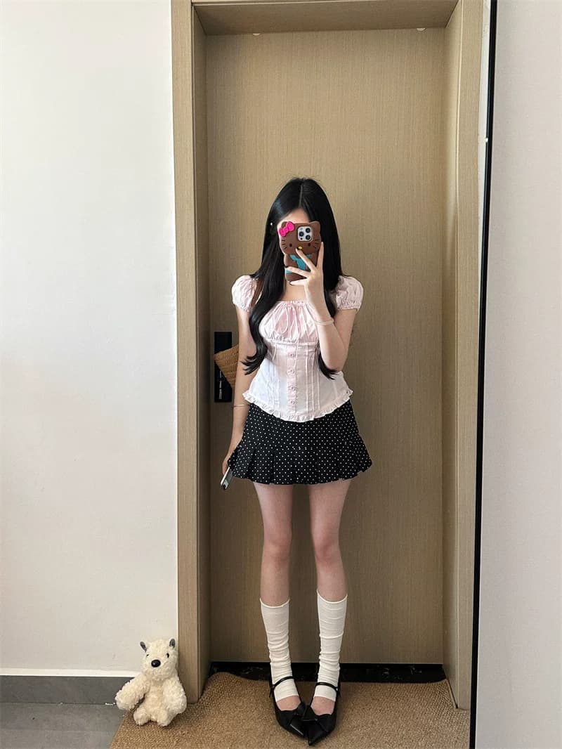 2026 여름 프랑스식 반팔 달콤함 거품 소매 나비 매듭 광장 칼라 쇼트 스타일 여성 셔츠 상세 이미지 4